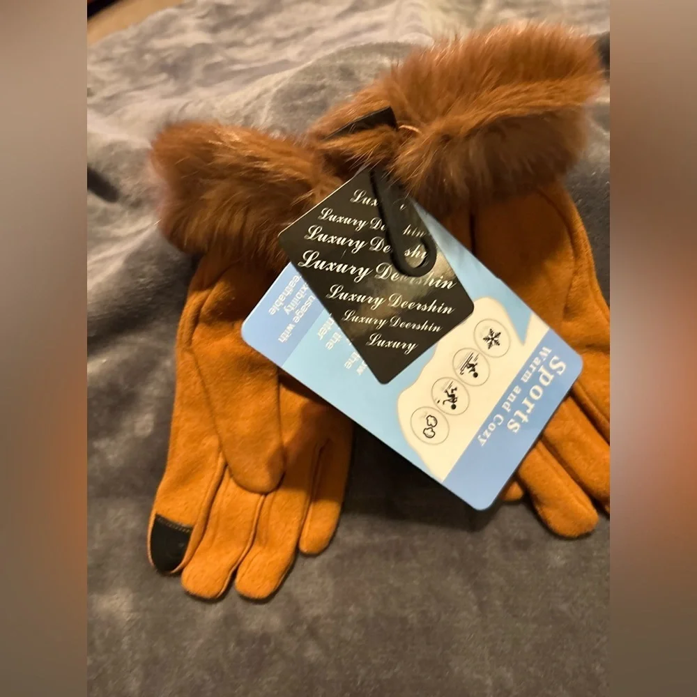 Faux Fur Trimmed Beige/Brown Gloves